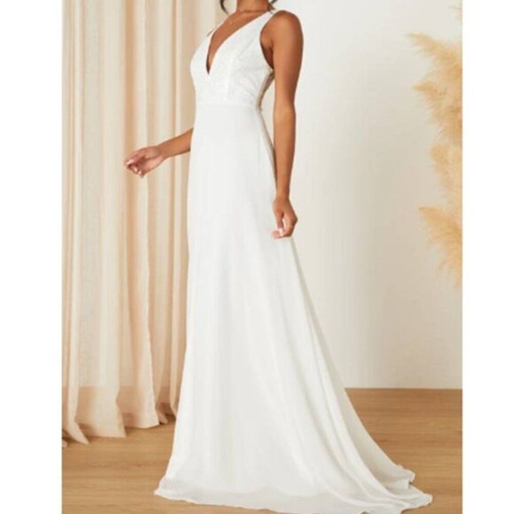 Lulus‎ Women's White Chiffon Sheer Mesh Shimmering Sequins Maxi Dress